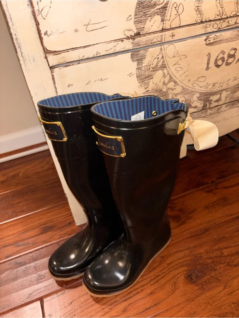 Joules Evedon Gloss Tall Rain Boots with Gold Trim